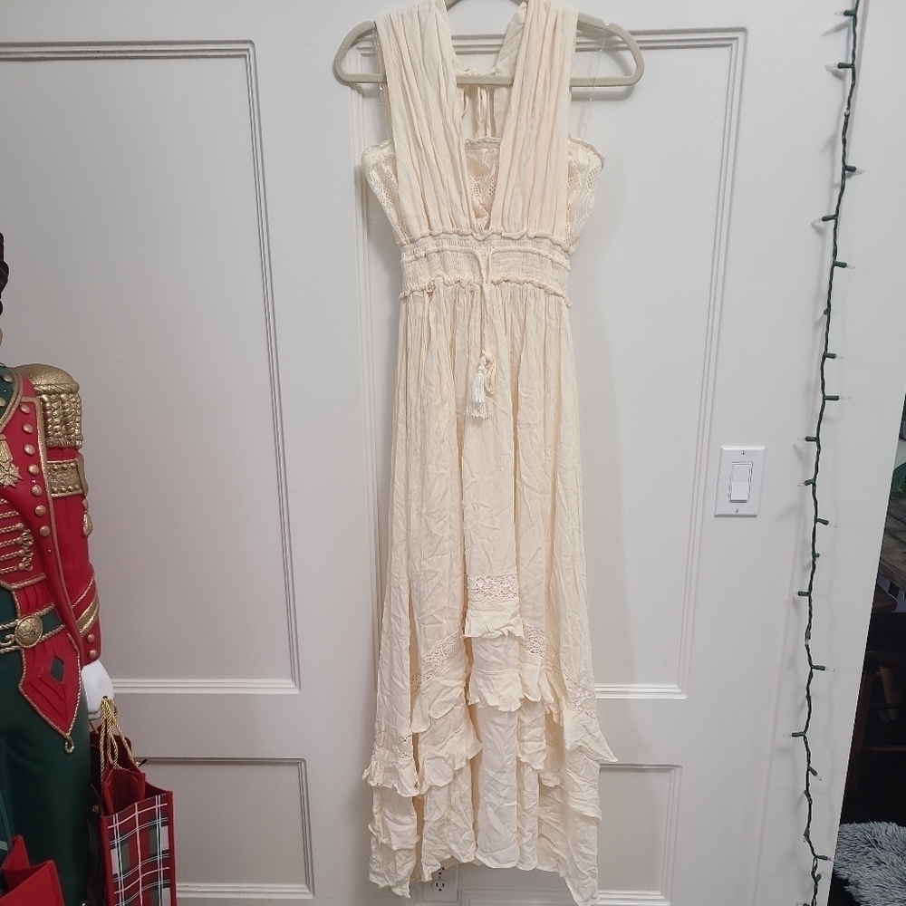 NEW Ces Femme Womens Texture Long Length Dress Solid & Crochet Ivory Size L NWT